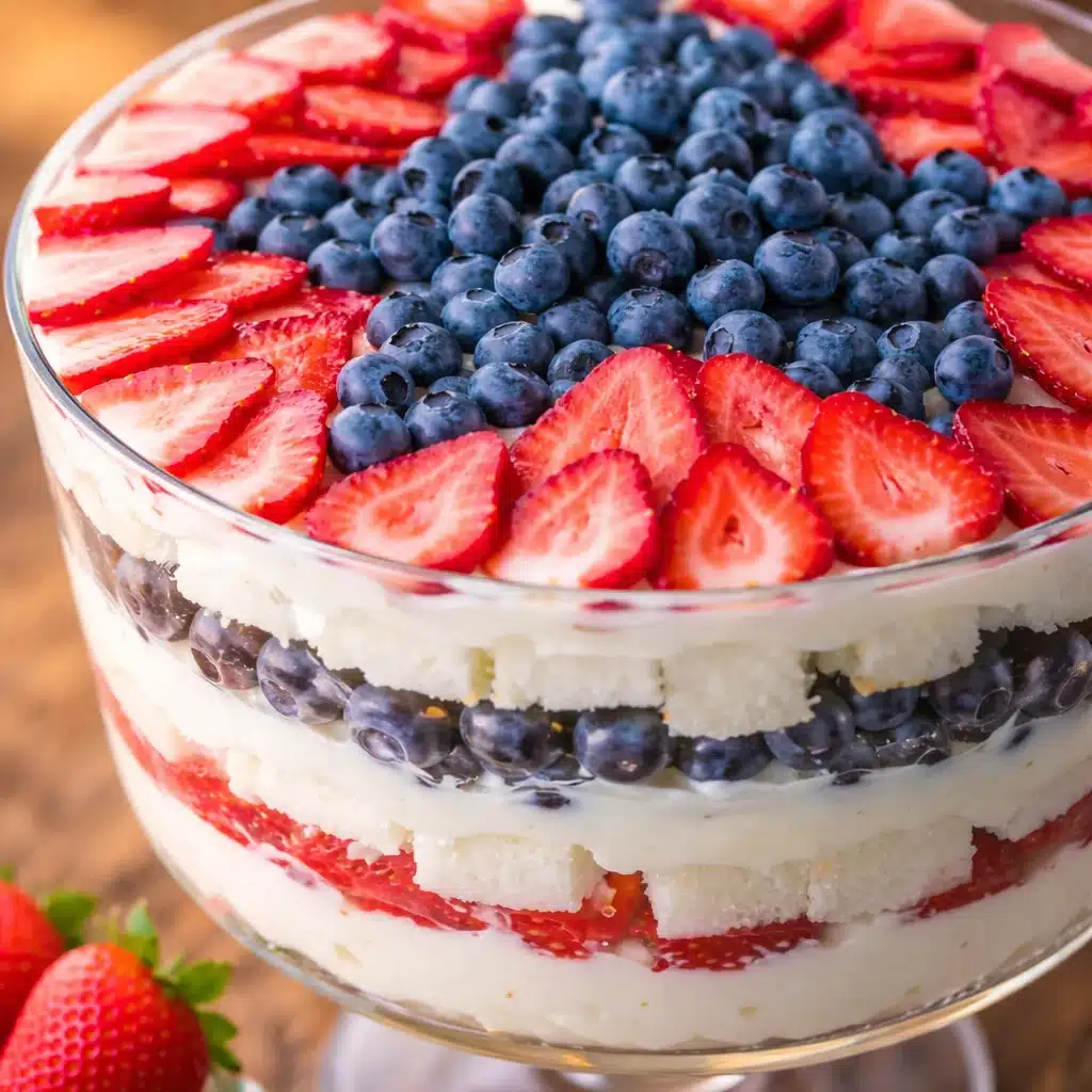 No-bake 4th of July Trifle with layers of strawberries, blueberries, and cream.