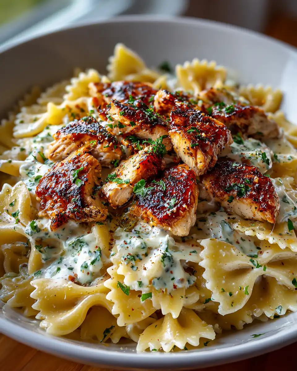 Cheesy Garlic Butter Chicken Bowties in a creamy mozzarella sauce with fresh herbs.