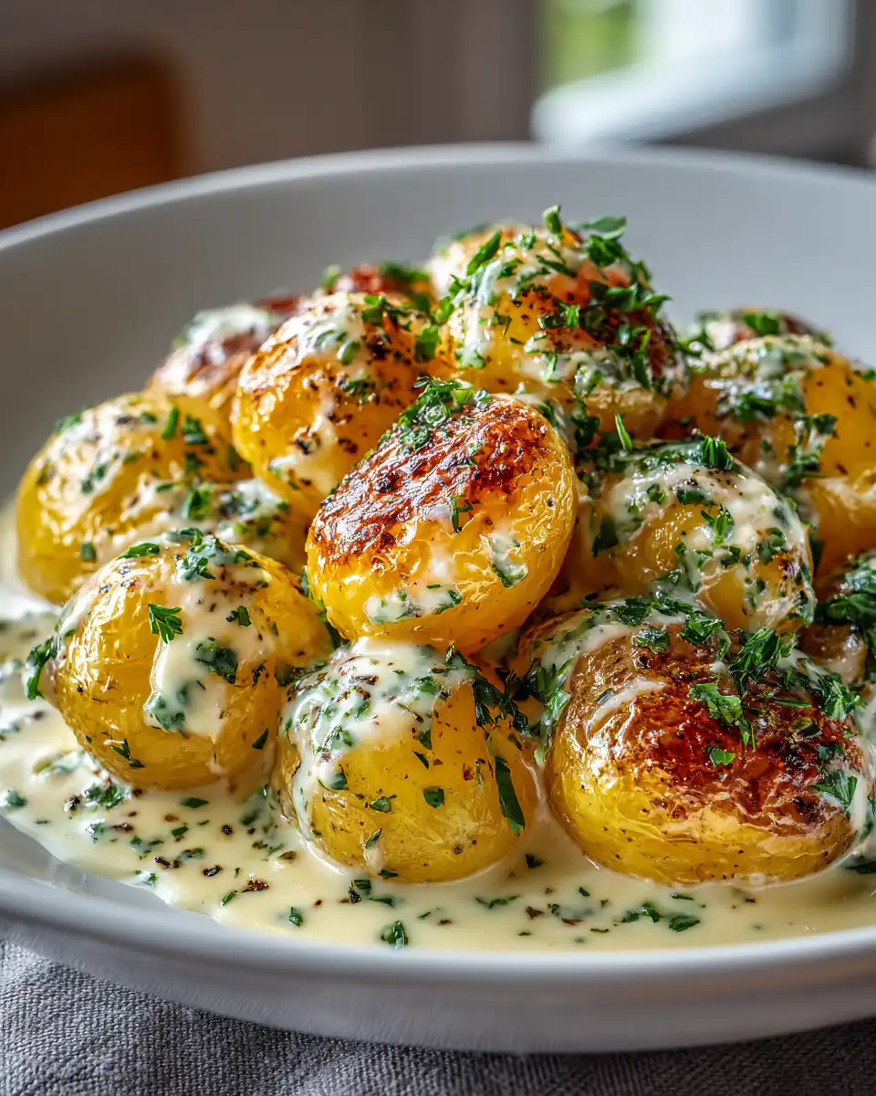 Roasted baby potatoes with creamy garlic sauce and fresh parsley garnish.