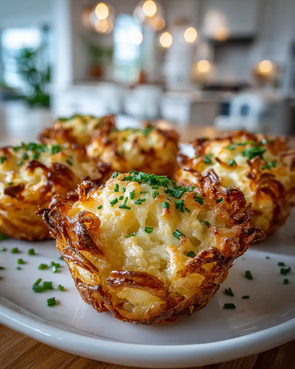 Crispy baked potato nests with melted cheese filling and green onions.