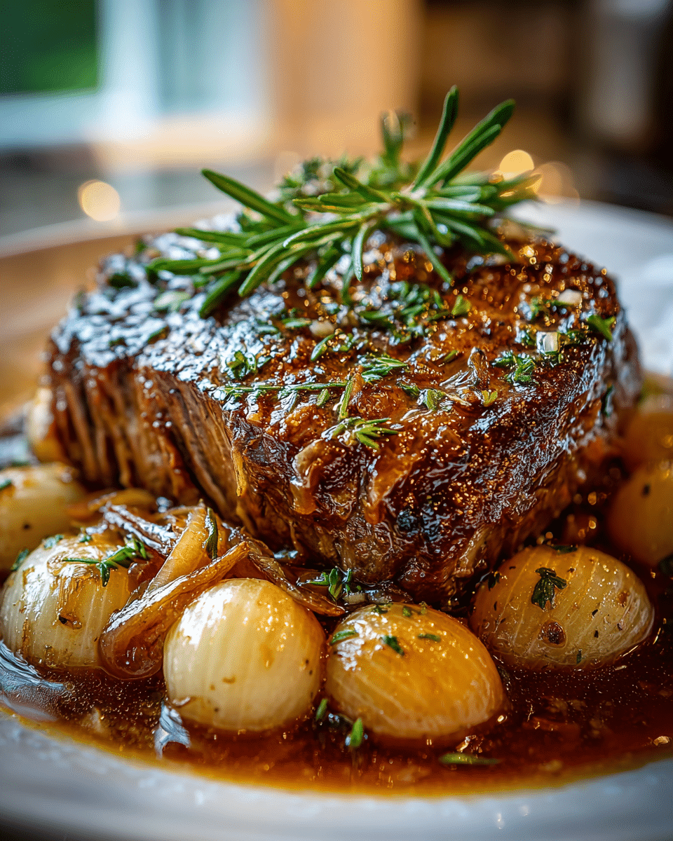 Crock Pot French Onion Pot Roast with caramelized onions and savory brown gravy.