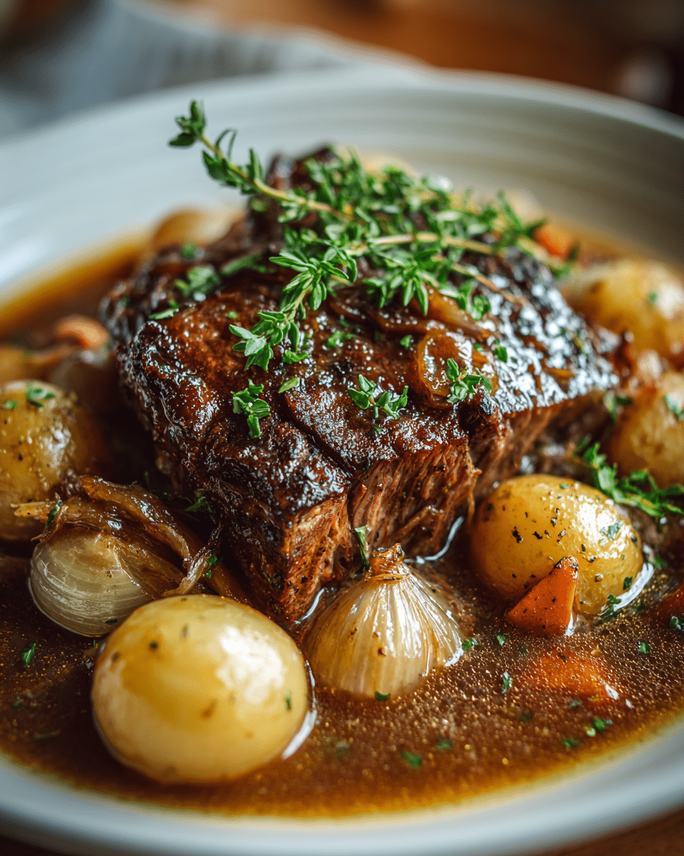 Crock Pot French Onion Pot Roast with rich savory gravy and caramelized onions.