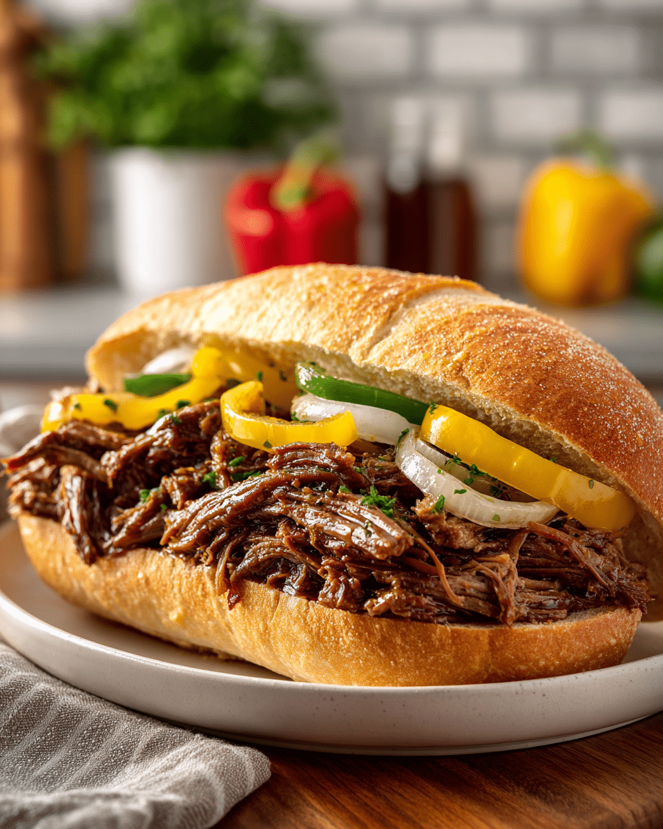 Homemade Crock Pot Italian Beef sandwich with melted cheese and peppers.