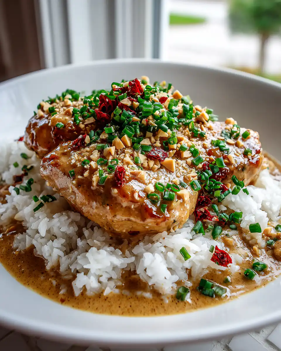 Tender Crockpot Thai peanut chicken with creamy peanut sauce and fresh garnish.