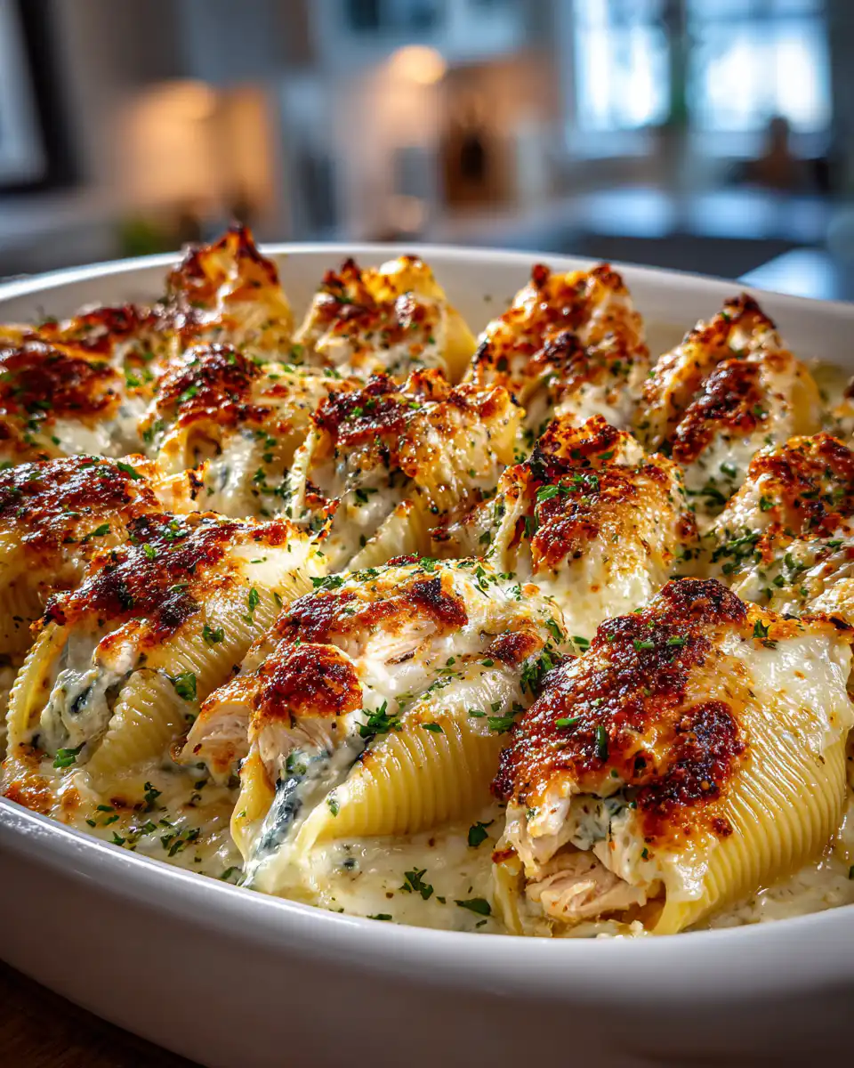 Creamy Garlic Butter Chicken Alfredo Stuffed Shells with melted mozzarella.