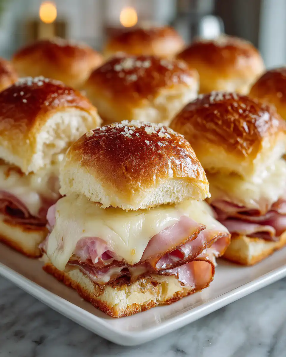 Baked Ham and Cheese Sliders with poppy seed butter on toasted rolls.