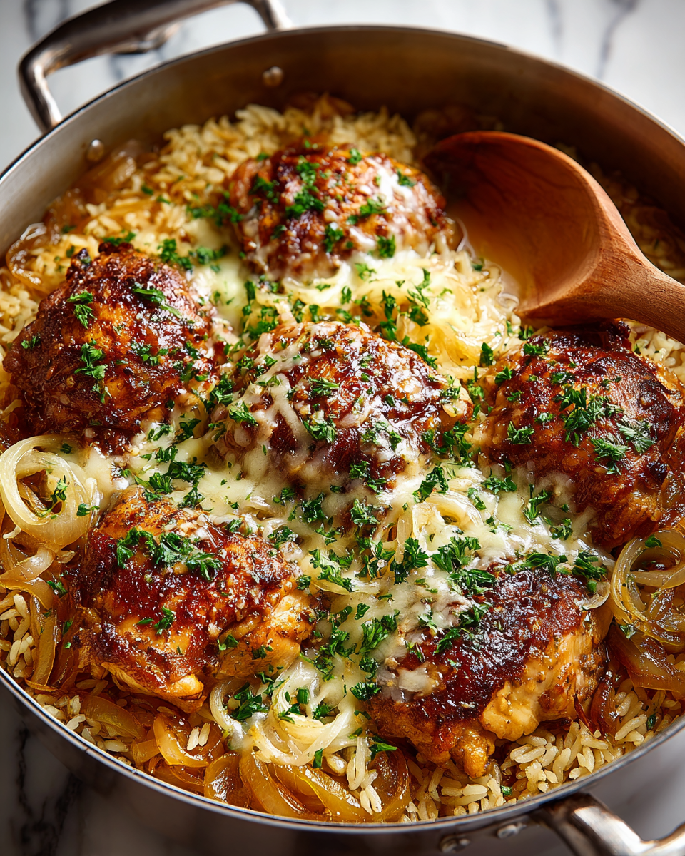 Easy One-Pot French Onion Chicken and Rice dinner with caramelized onions and savory gravy.