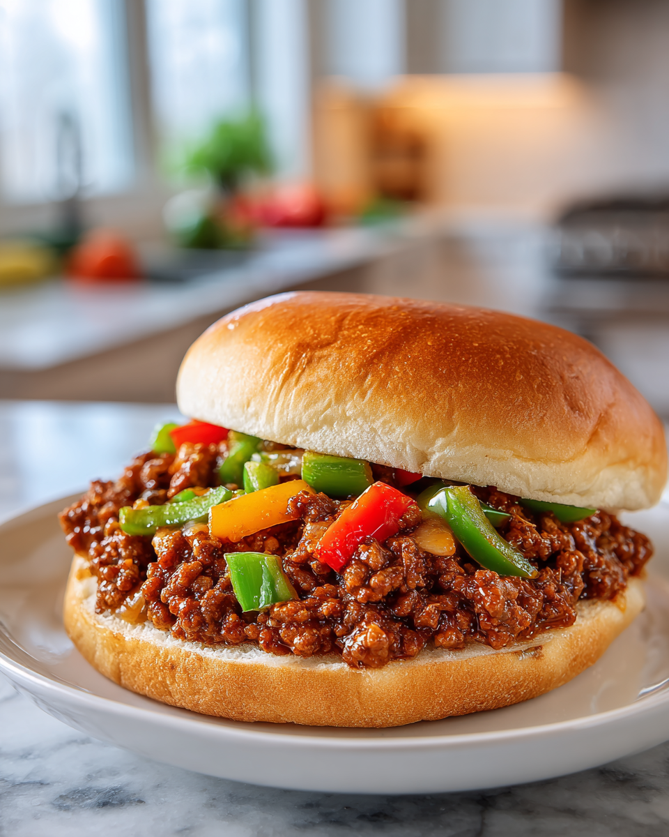 Easy Philly Cheesesteak Sloppy Joes with melted cheese and bell peppers.