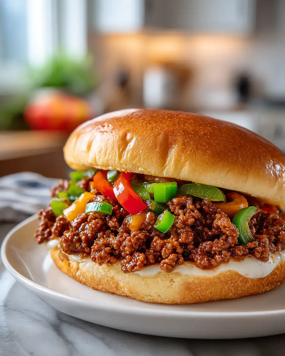 Easy Philly Cheesesteak Sloppy Joes with melted cheese and bell peppers.