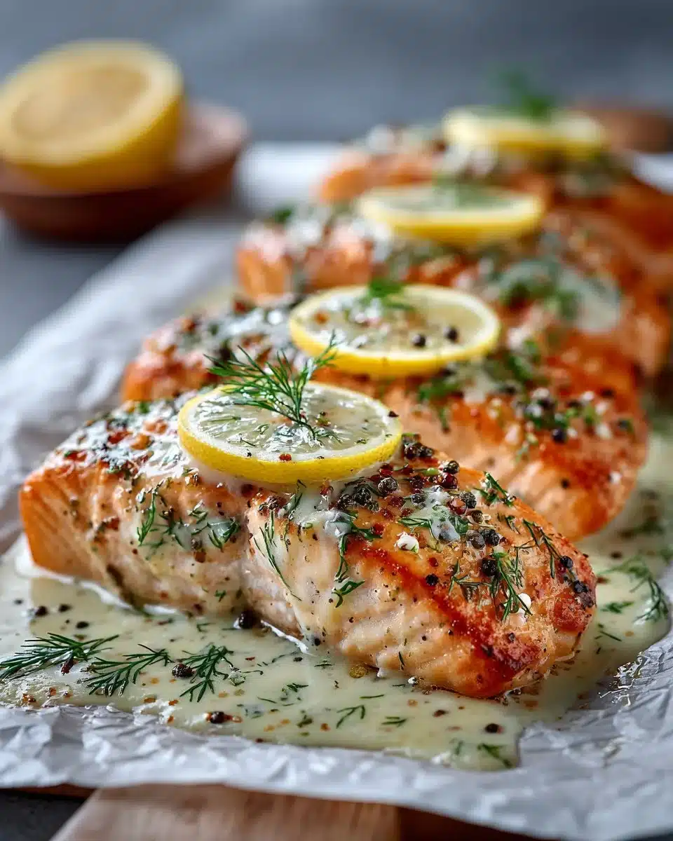 Baked salmon fillet topped with lemon slices and dill sauce on a white plate