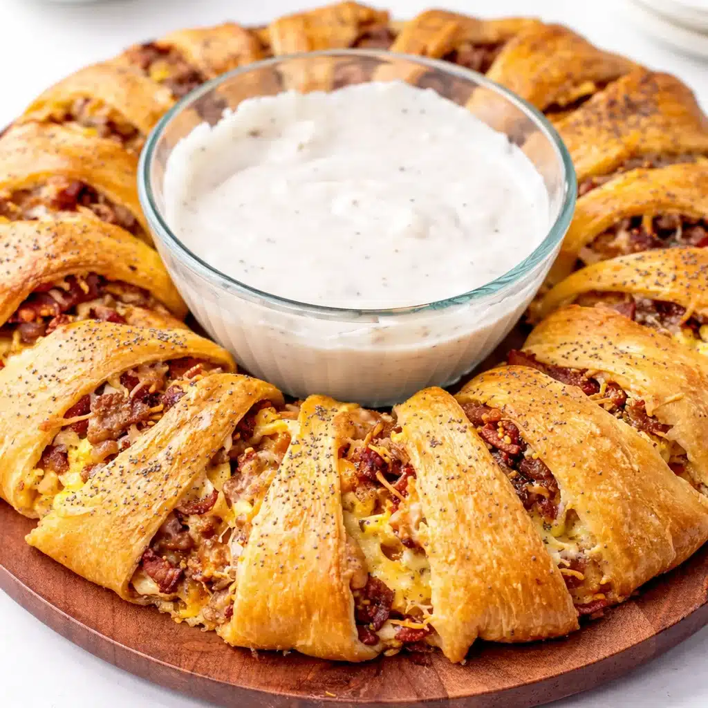 Savory Breakfast Crescent Ring filled with eggs, bacon, and cheese, baked until golden.