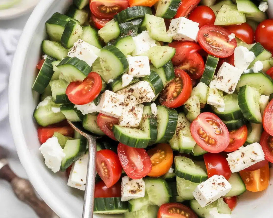 Refreshing Cucumber Feta Salad with tomatoes and herbs, ideal for summer dishes.