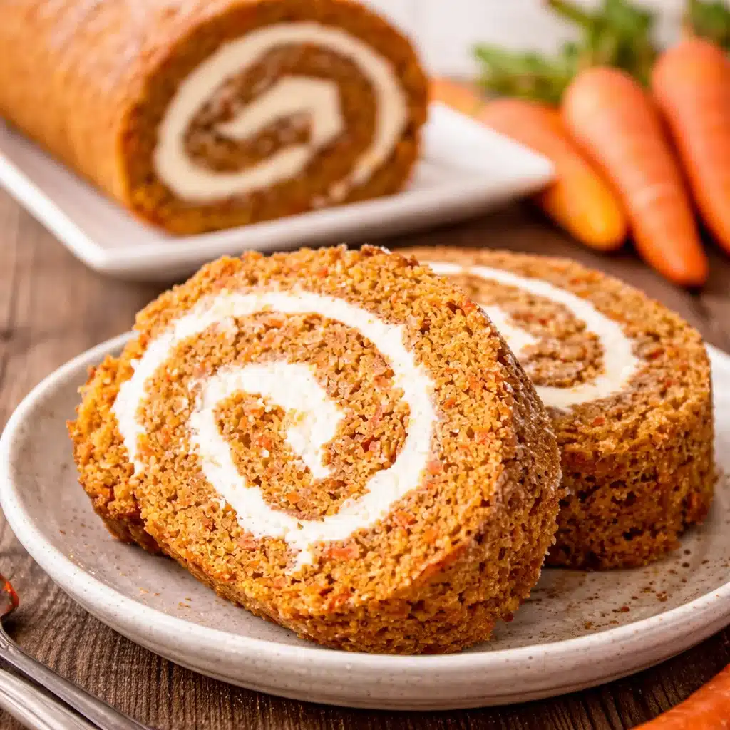 Carrot Cake Roll With Cream Cheese Filling, an Easter dessert featuring spiced cake and frosting.