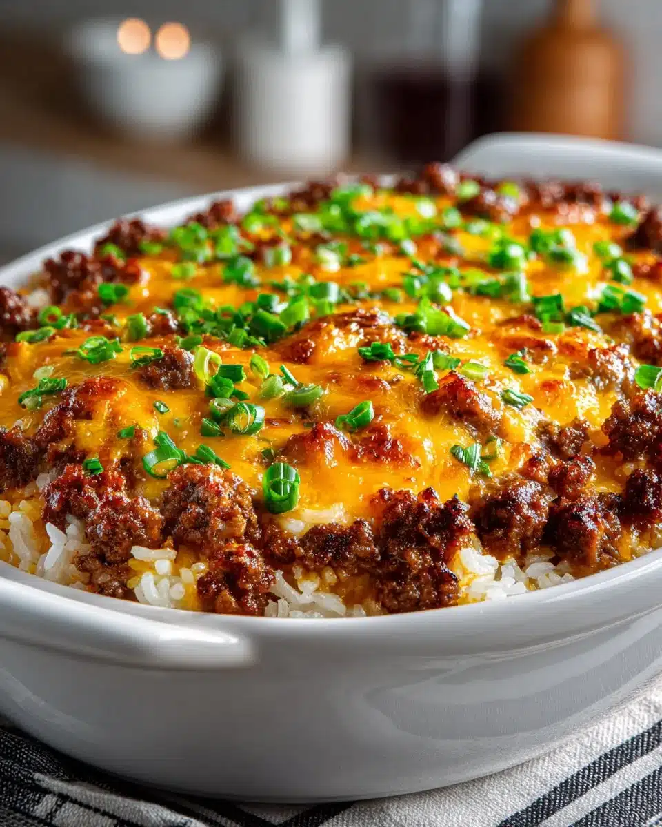 Cheesy ground beef and rice casserole served in a baking dish