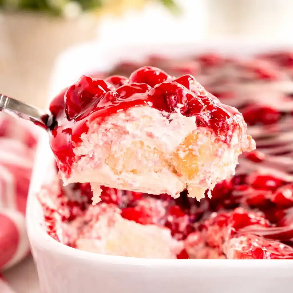 Cherries in the Snow dessert with layers of angel food cake and cherry filling