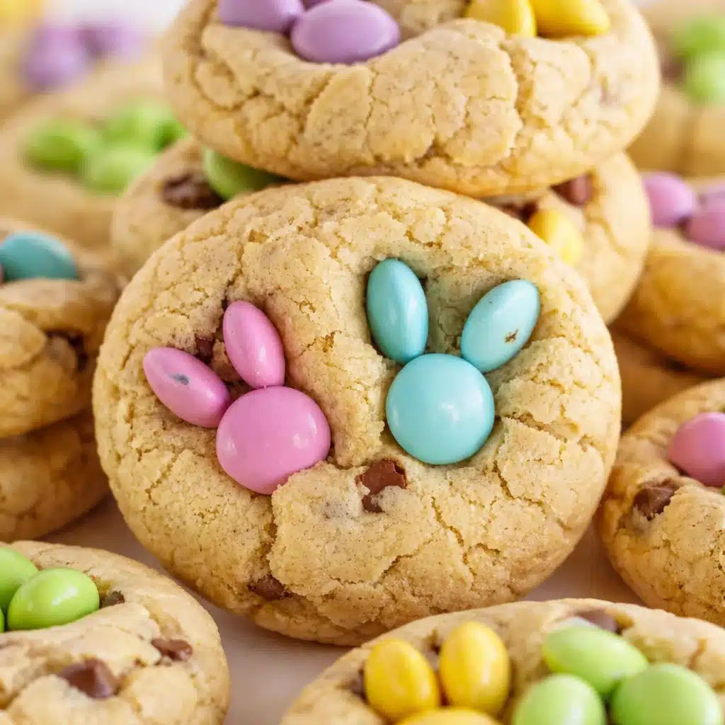 Chocolate Chip Easter Bunny Cookies decorated with colorful M&M candies