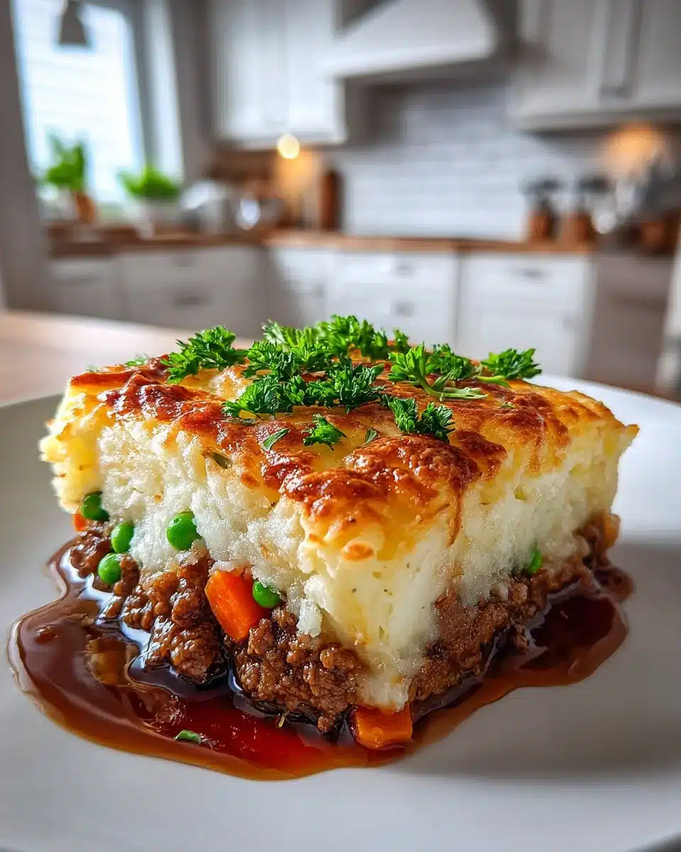 Delicious classic Shepherd's Pie topped with creamy mashed potatoes and herbs.