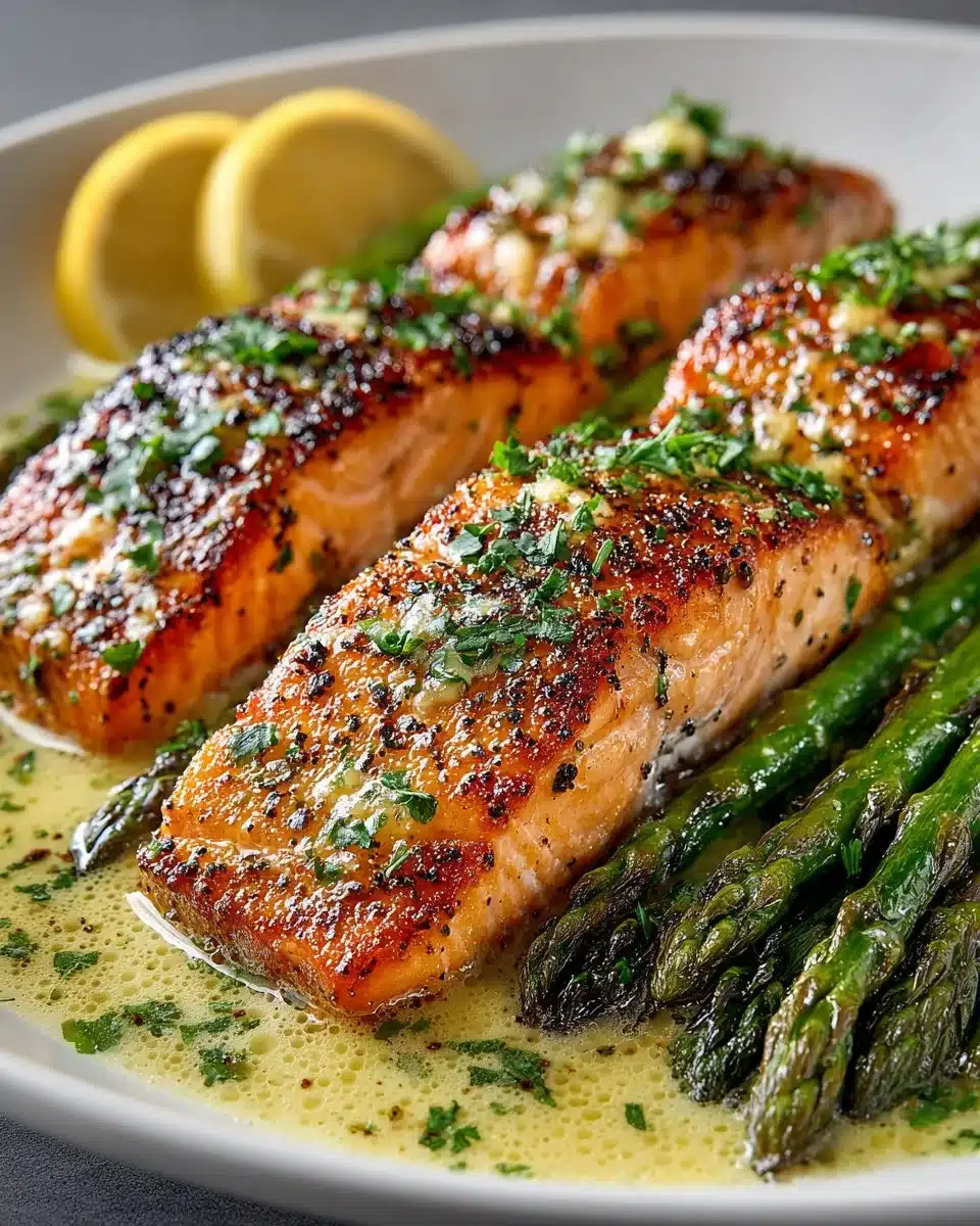 Creamy garlic butter salmon served with fresh asparagus