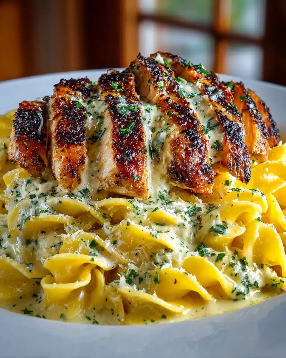 Creamy lemon parmesan chicken pasta served in a bowl with fresh herbs.