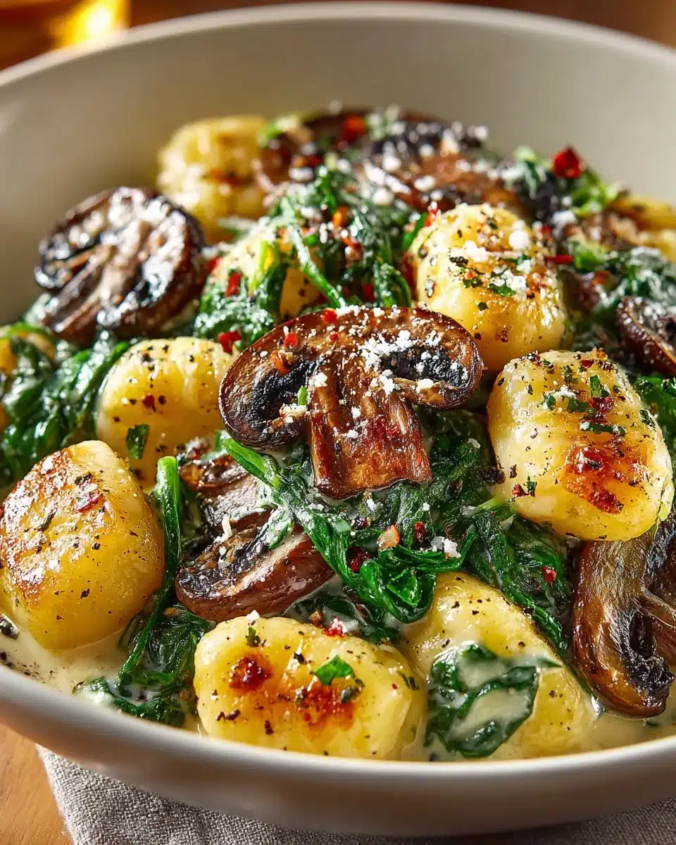 Creamy mushroom and spinach gnocchi topped with herbs