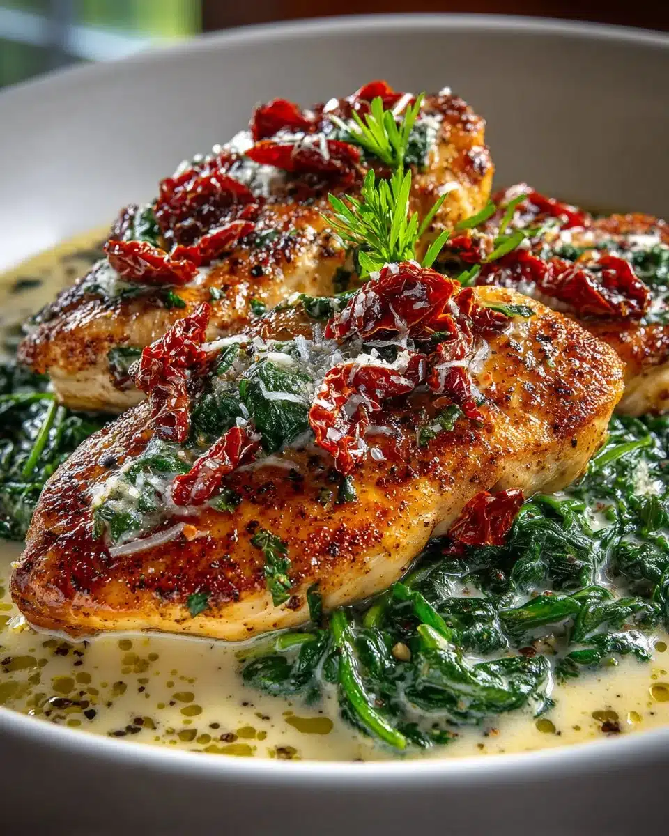 Creamy Tuscan chicken served with garlic butter spinach on a plate