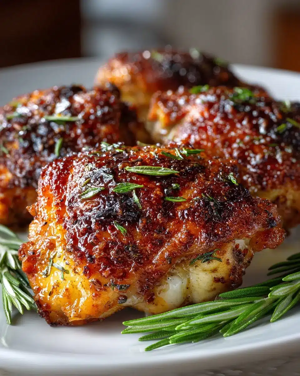 Crispy baked chicken thighs on a platter with herbs and spices