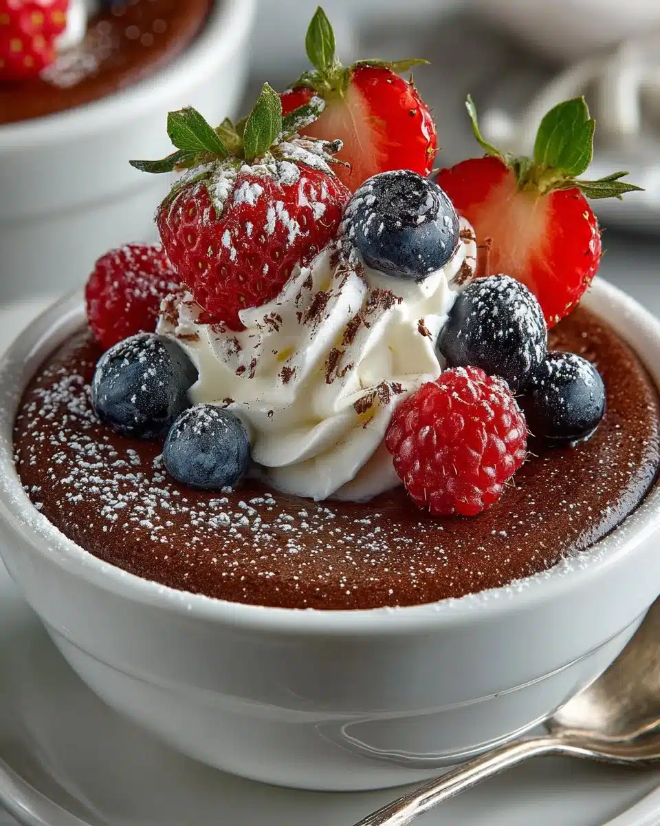 Delicious dark chocolate mousse garnished with whipped cream and fresh berries
