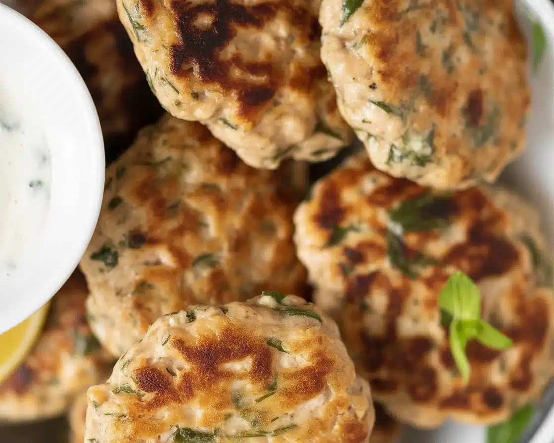 Flavorful Mediterranean Chicken Patties served with fresh herbs and toppings