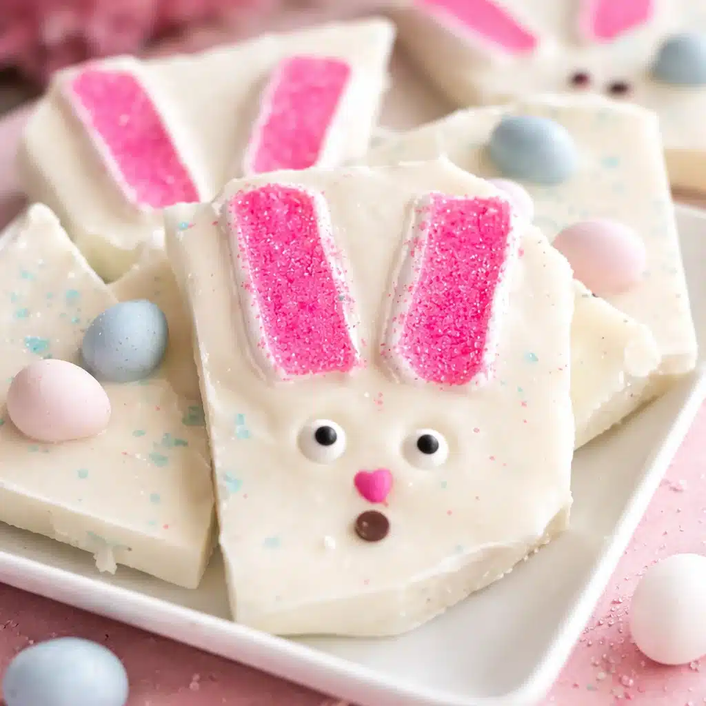 Colorful Easter Bunny Bark decorated with chocolate, pastel candies, and marshmallows.