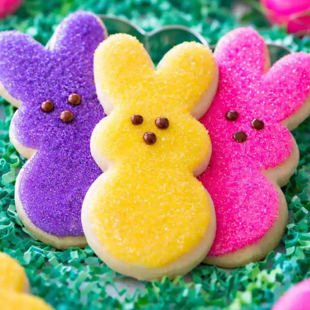Easter Bunny Cut Out Cookies decorated in colorful icing for spring celebrations.