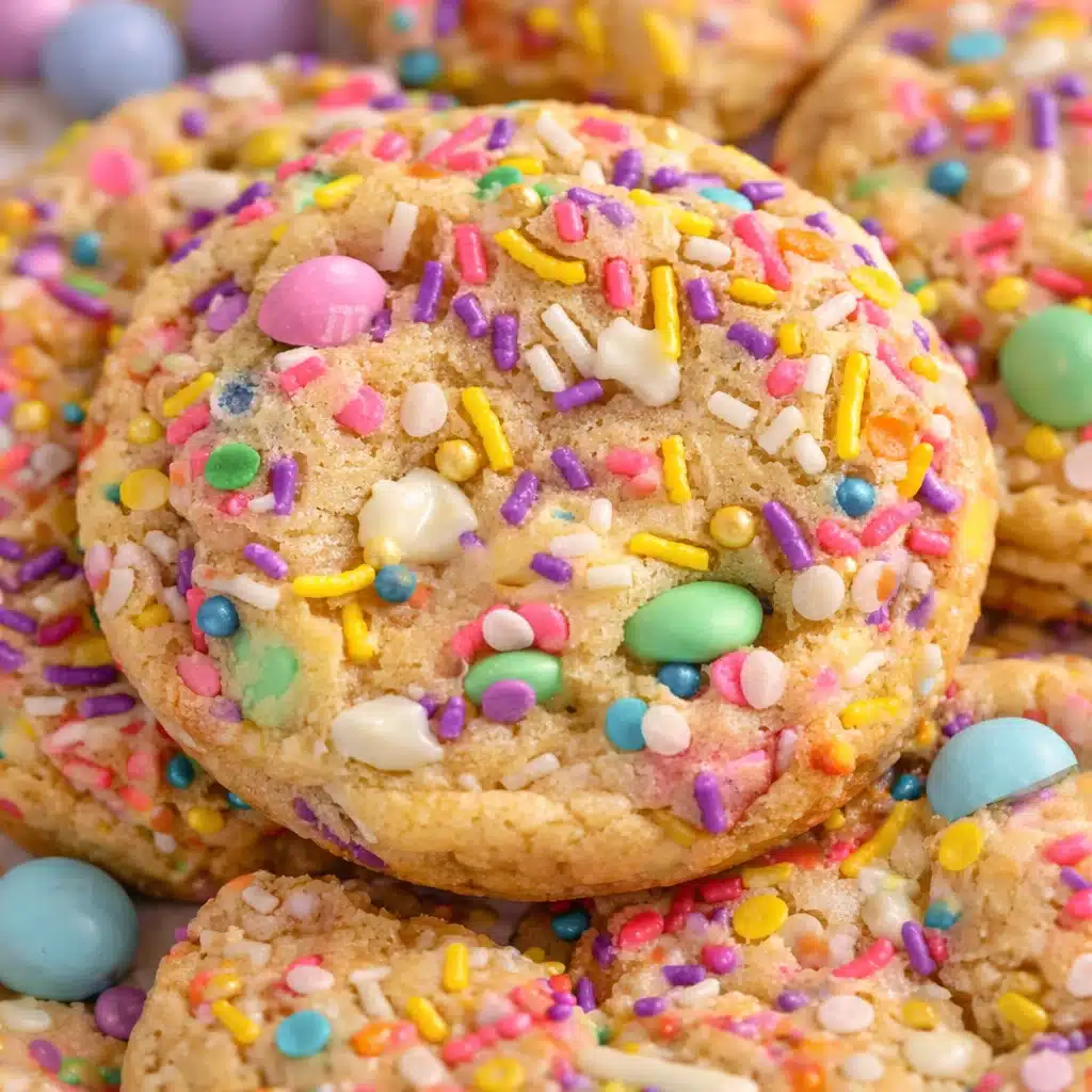 Festive Easter cookies decorated with pastel royal icing and M&M's.