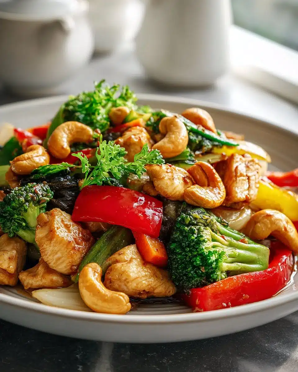 Easy cashew chicken stir fry with fresh vegetables and cashews