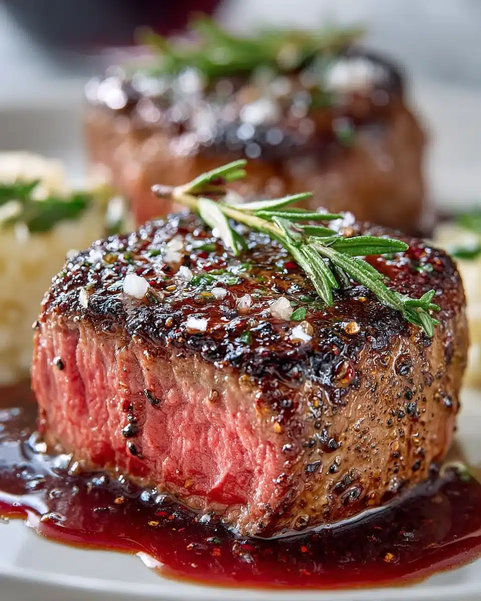 Delicious filet mignon with a red wine shallot reduction on a plate.