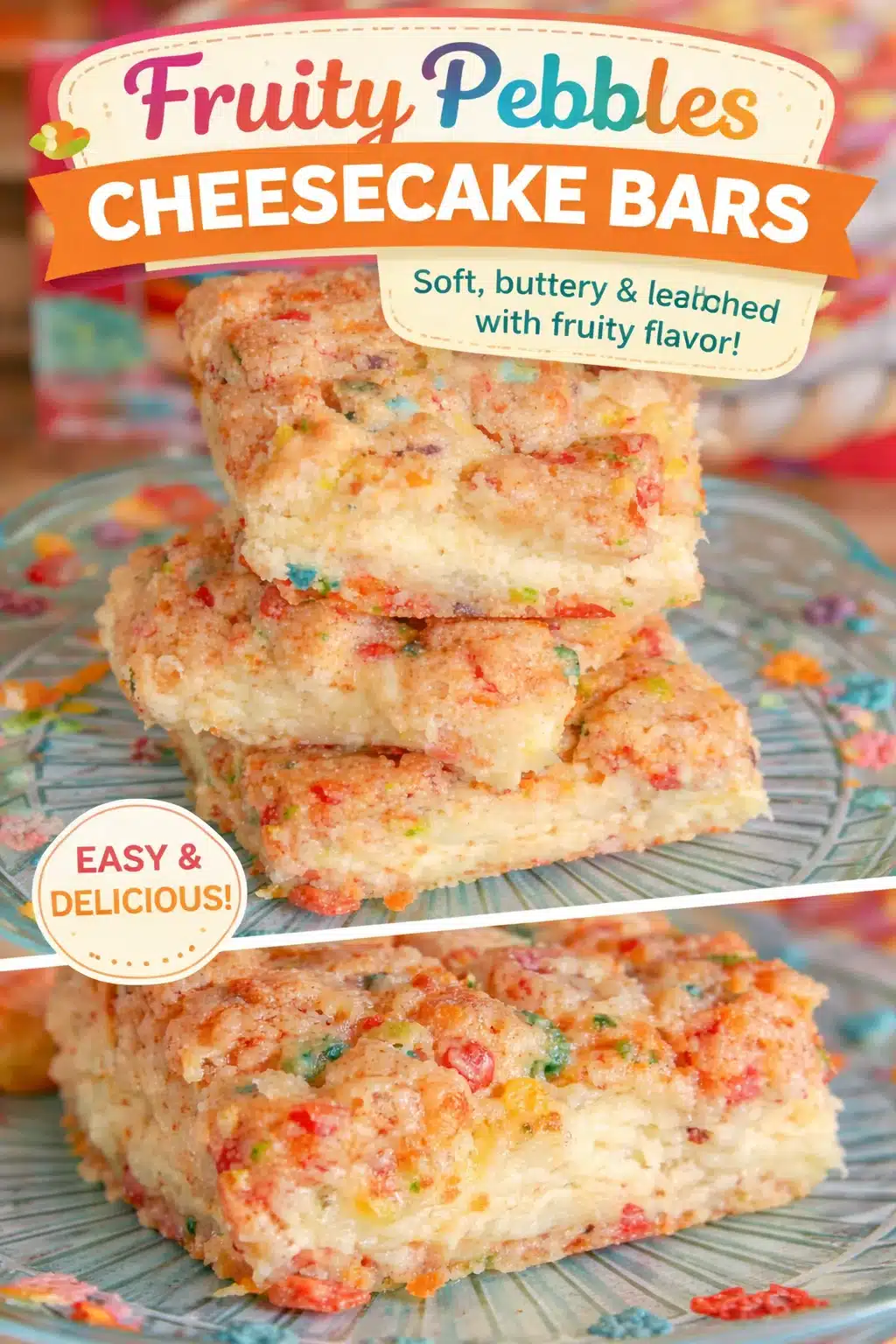 Fruity Pebbles Cookie Cheesecake Bars
