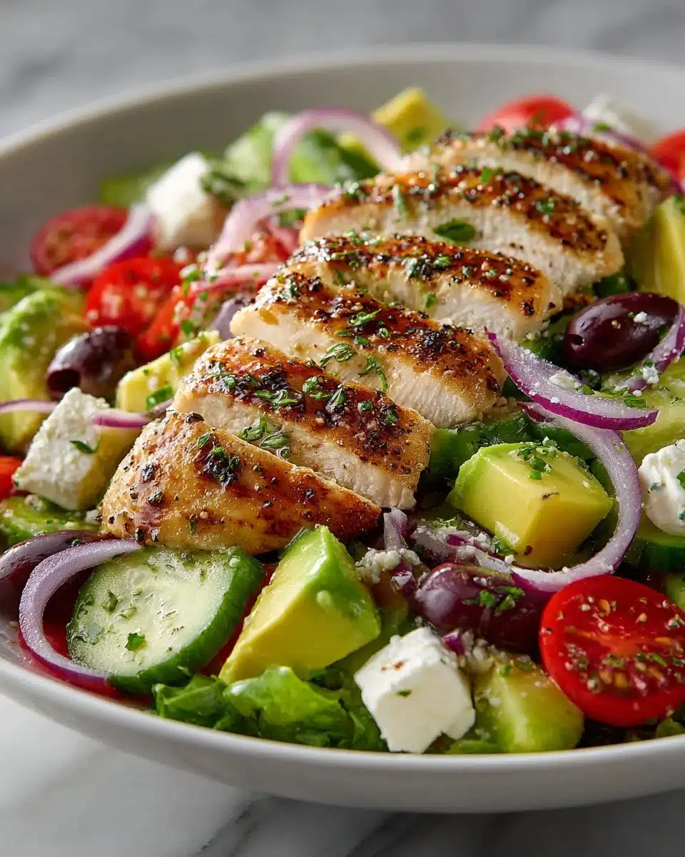 Delicious Greek Chicken Salad with Avocado and Feta cheese served in a bowl.