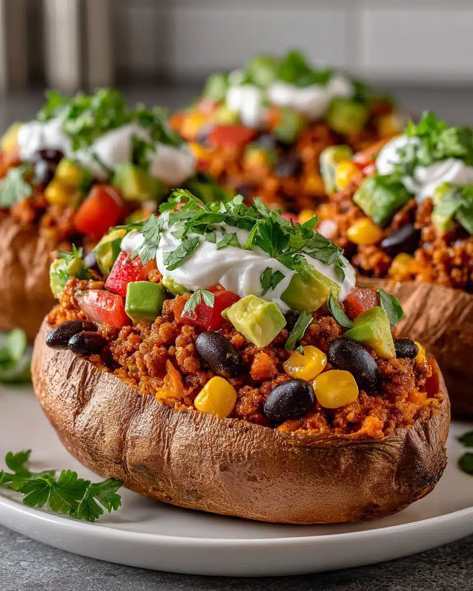 Healthy turkey taco stuffed sweet potatoes topped with fresh ingredients
