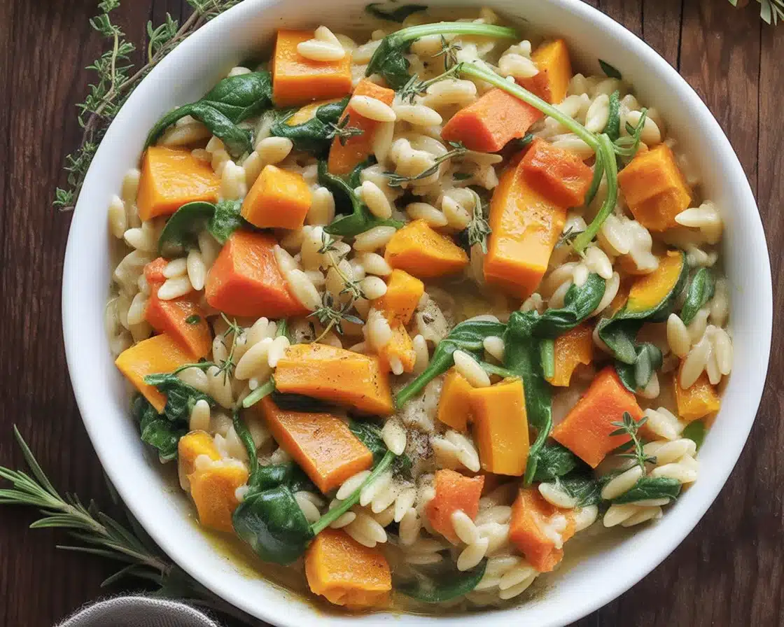 Creamy Orzo with Roasted Butternut Squash and Spinach served in a bowl