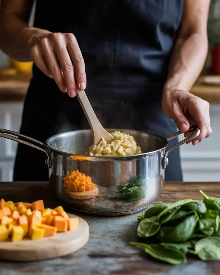Heavenly Creamy Orzo with Roasted Butternut Squash and Spinach