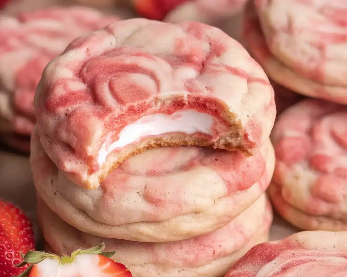 Delicious Strawberry Cheesecake Cookies filled with creamy cheesecake and fresh strawberries.