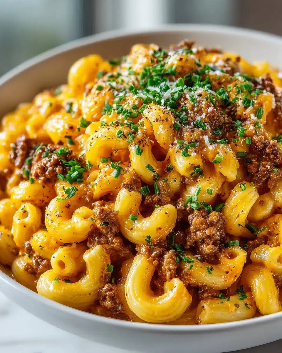 Bowl of homemade Hamburger Helper made with ground beef and pasta