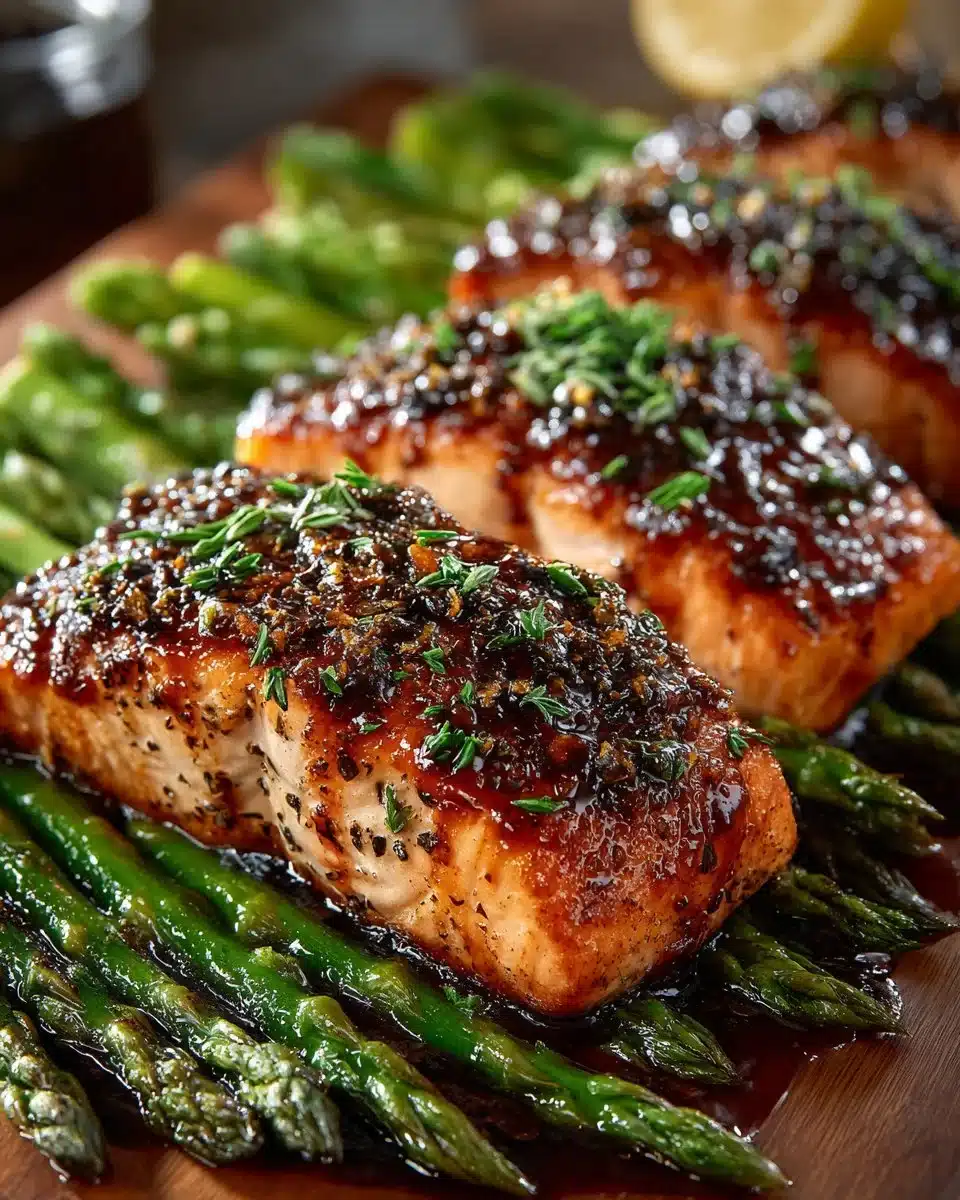 Honey balsamic glazed salmon served with roasted asparagus on a plate