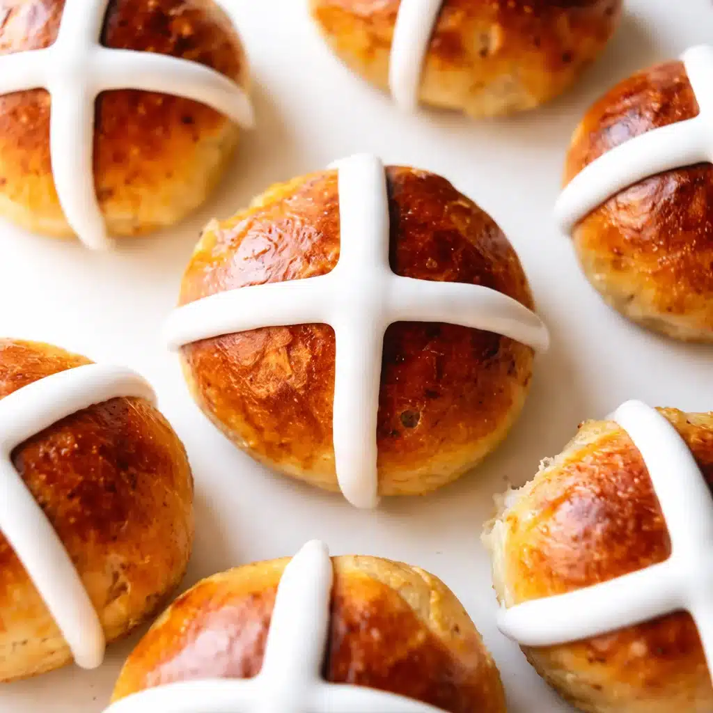 Delicious homemade Hot Cross Buns Easter Treats, spiced and filled with raisins.