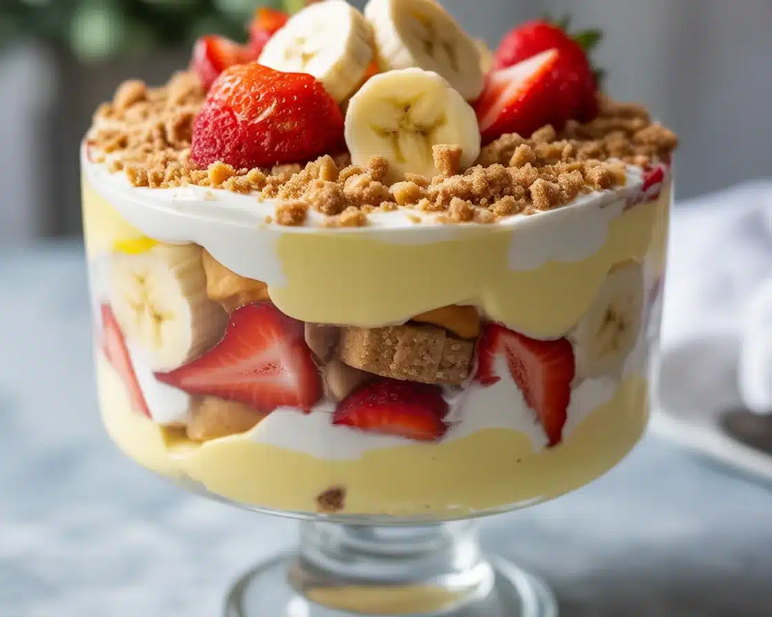 Delicious Strawberry Banana Pudding Dream layered with fresh strawberries and bananas