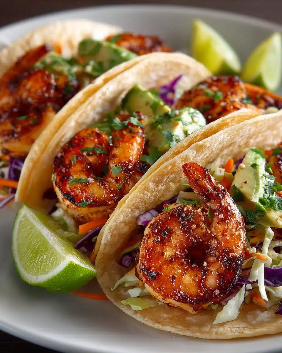 Light and fresh shrimp tacos with colorful slaw on a plate.