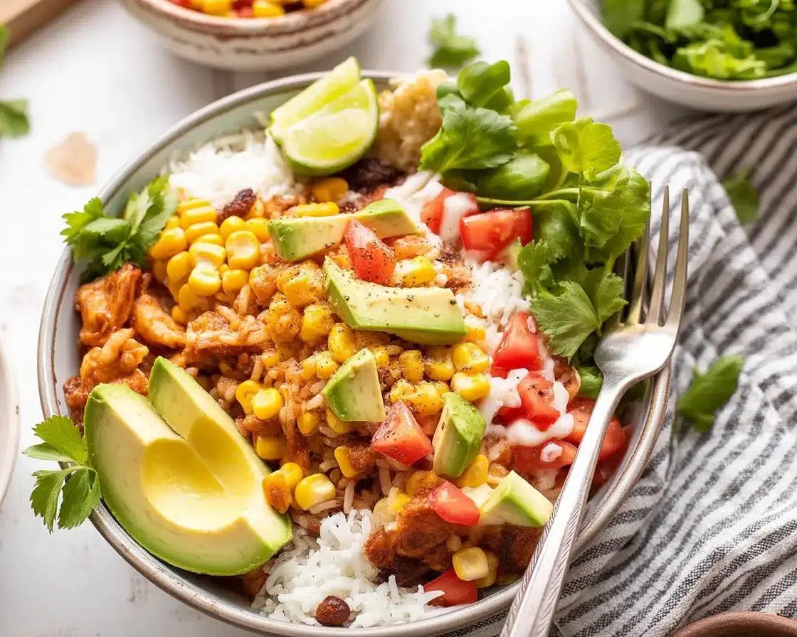 Loaded Street Corn Chicken Rice Bowl with grilled corn, chicken, and cilantro-lime sauce.