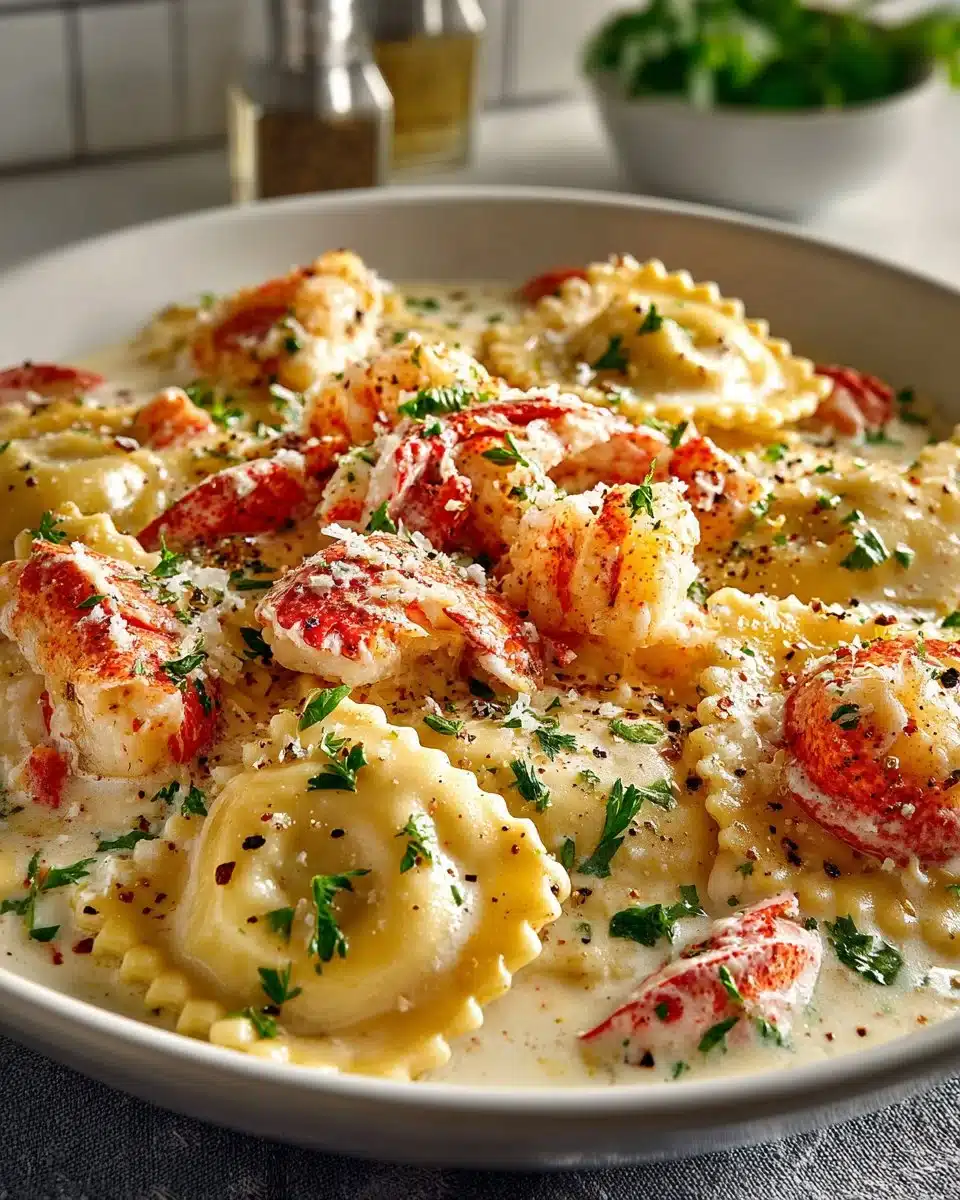 Plate of lobster ravioli in champagne cream sauce garnished with herbs