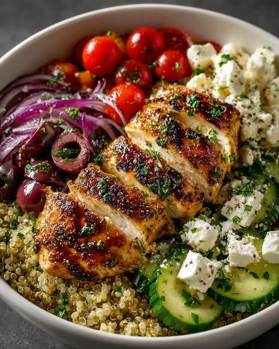 Mediterranean quinoa bowl topped with grilled chicken and fresh vegetables