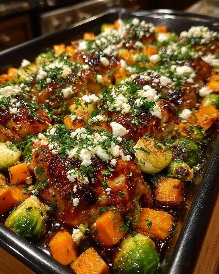 One-Pan Balsamic Chicken with Sweet Potatoes, Brussels Sprouts, and Feta One-Pan Balsamic Chicken with Sweet Potatoes, Brussels Sprouts, and Feta