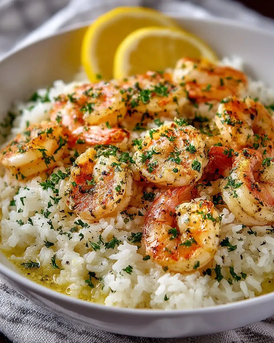 One pan lemon garlic butter shrimp served over rice with lemon slices and herbs.