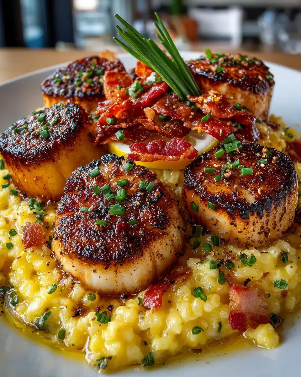 Seared scallops served with lemon risotto and crispy prosciutto on a plate.